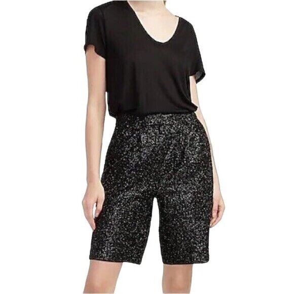 EXPRESS Sequin Shorts Size 00 Womens Black Sequin High Waisted Bermuda - Picture 8 of 11